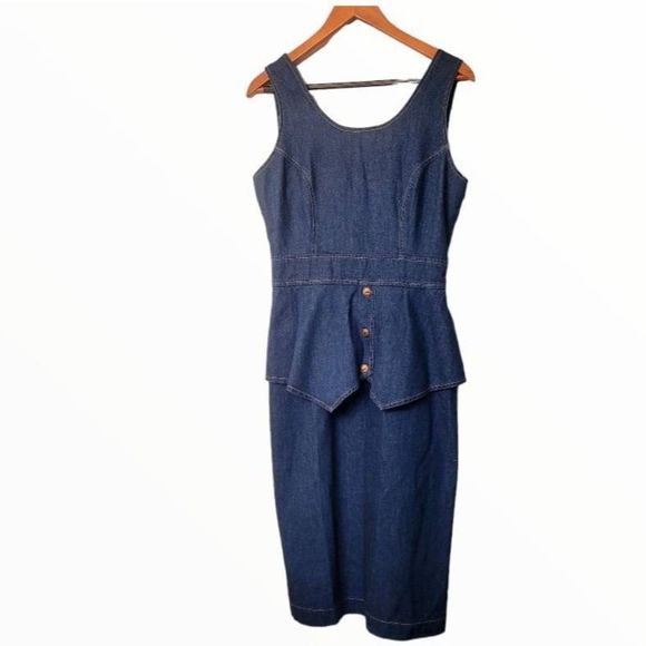 Vintage 80s Hollywood Blvd Denim Jean Fitted Ruffle Dress - Picture 3 of 9